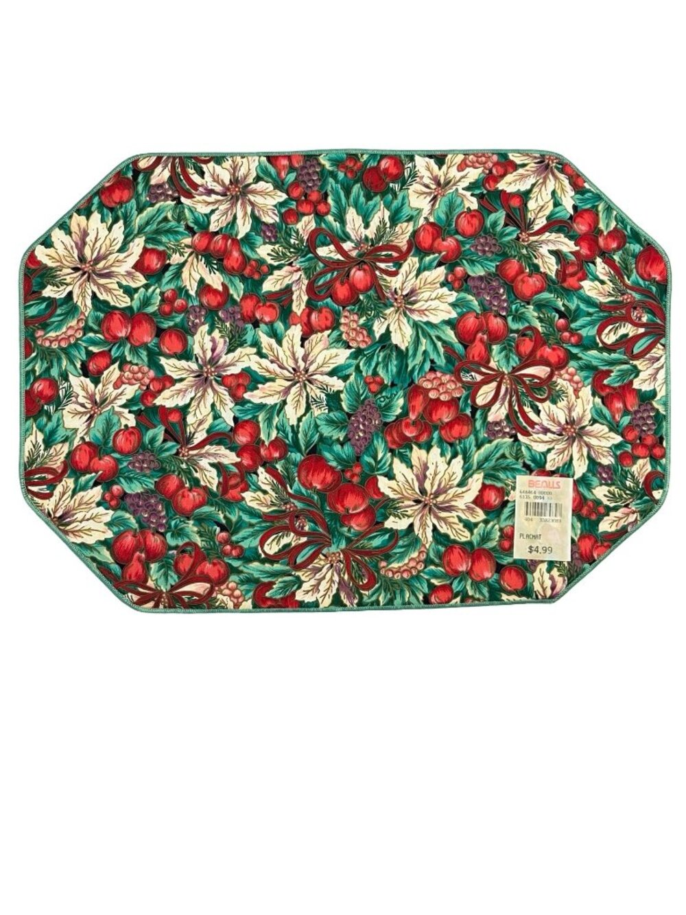 Vintage Christmas Placemat Set of 6 Red Green Floral Cotton 17x12 Made in USA Su